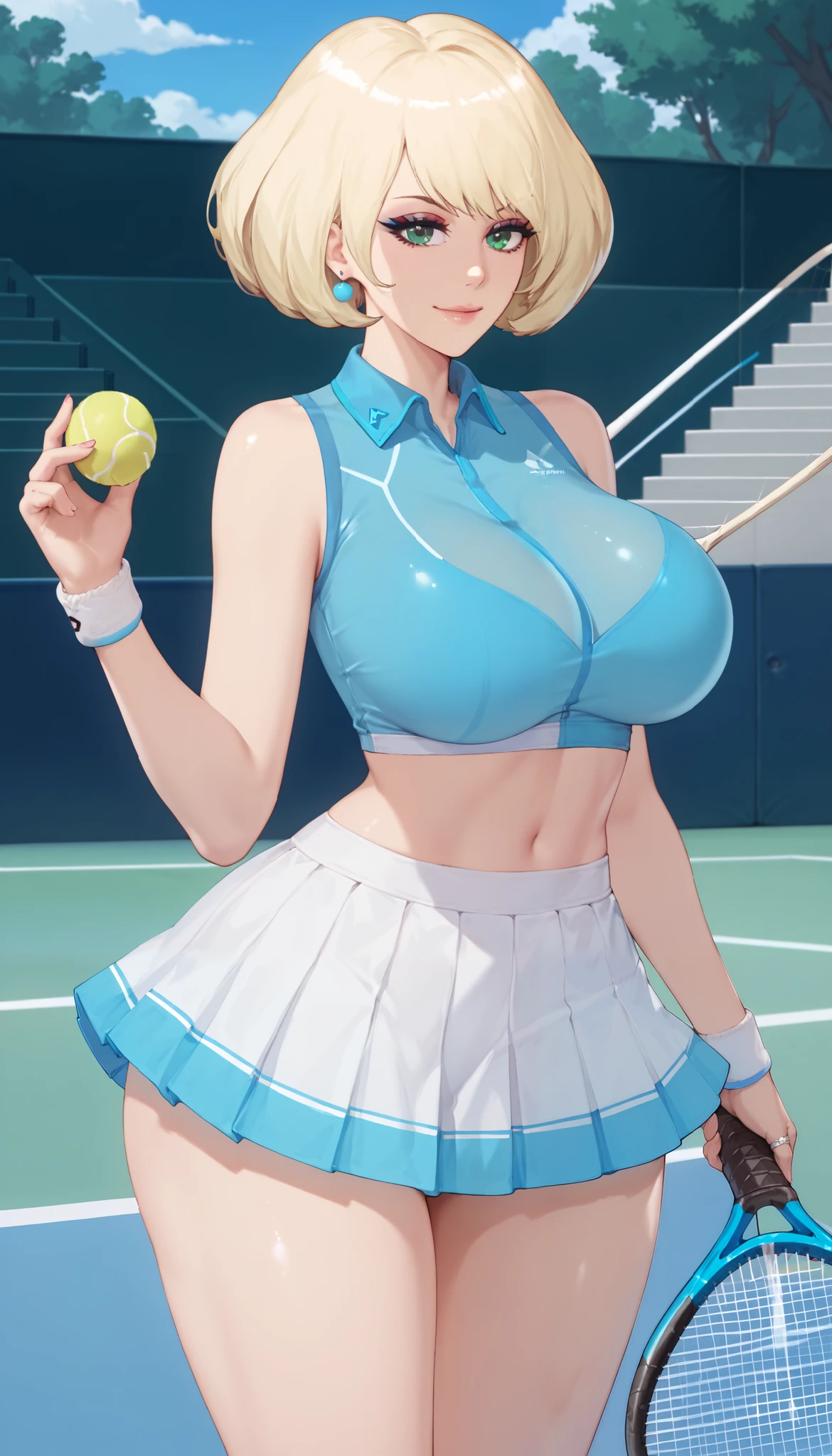 score_9,score_8_up,score_7_up,score_6_up,score_5_up,alienquestellen,short hair,blonde hair,curvy,huge breasts,bubble butt,ass visible through thighs,outdoors, smile closed mouth ring earring large breasts huge breasts from , green eyes , ellen alien quest eve ,,,,, , fantasy makeup, glossy eyeshadow, glossy lips ,,, tennis ball, two-tone shirt, holding racket, two-tone skirt, sportswear, racket, tennis, holding tennis racket, ball, tennis uniform, tennis skirt, tennis court, crop top overhang, tennis racket, teniis dress, tennis net, Outie navel