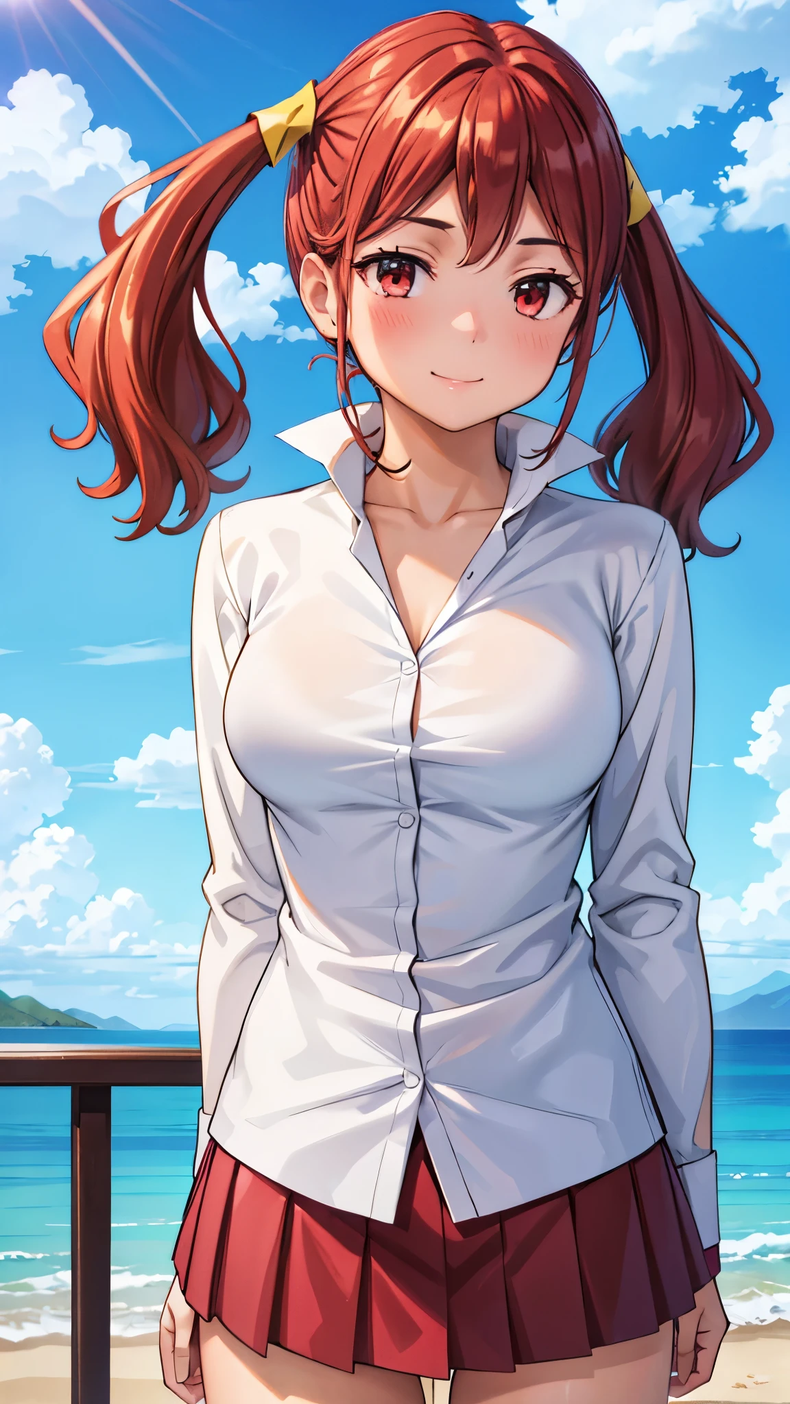 (super quality,ultra high resolution,16k,Super Masterpiece,Ultra HD ,detailed shading and background,)Upper body shot,Sexy high school girl,twin tails,white shirt with cuffed sleeves,The Valley of the Chest,red miniskirt,cover,smile,blue sky and sun visible background ,