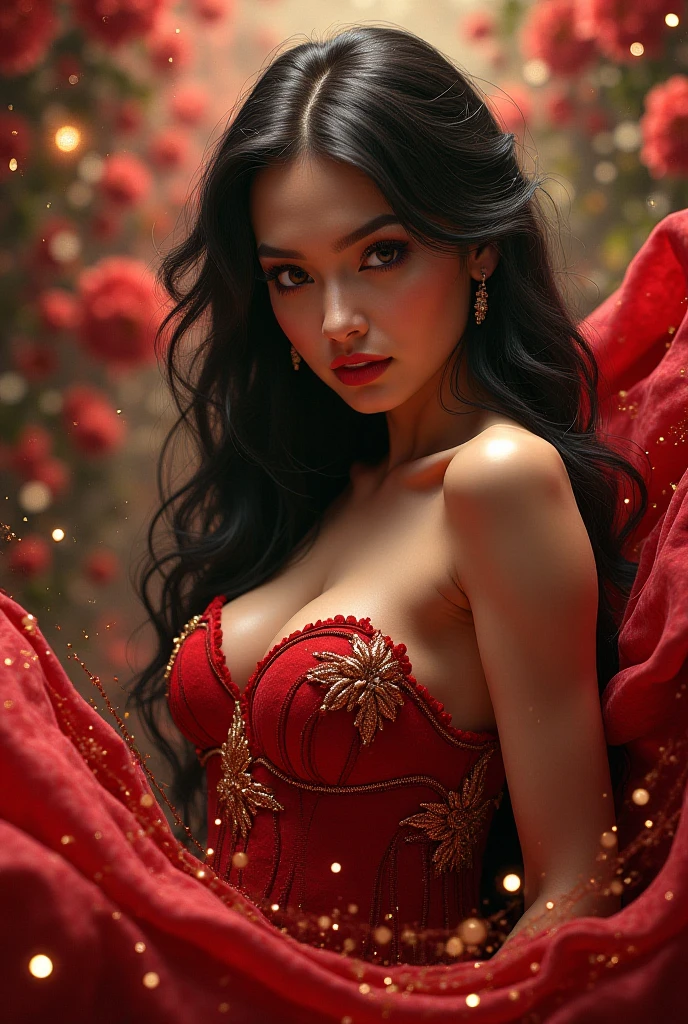 In a picturesque garden full of flowers, amidst a stunning woman((( Anne Hathaway:Selena Gomez:0.6))) , 184 cm tall, huge breasts:1.6, deep clieveage((big )) in a vibrant red and black saree strikes a seductive pose, enchanting all who lay eyes upon her. Delicate petals glisten with raindrops, while trees sway with the rhythm of the wind, creating a mesmerizing bokeh backdrop. As the droplets cascade down her curves, the atmosphere becomes charged with sensual energy. Explore the allure and raw sensuality of this captivating woman, as she embraces the magic of the monsoon, don't create out of frame illustration
