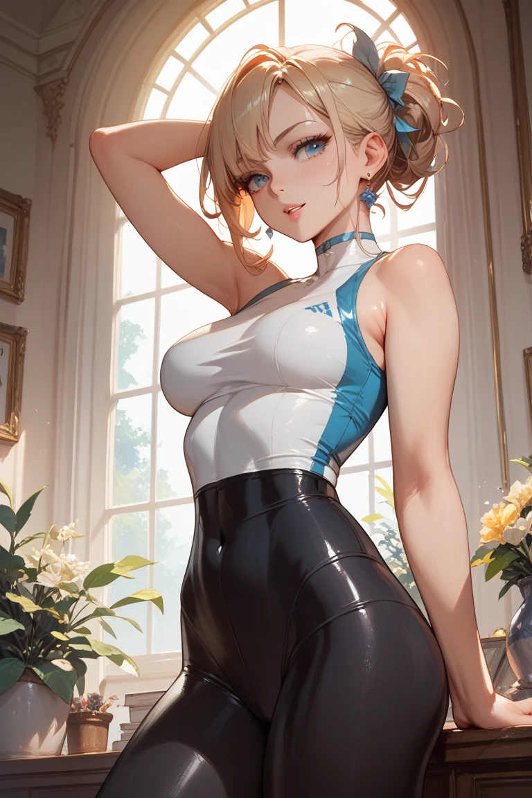 high quality 4k, maximum image sharpness. name zoe. 20 year old ager, beautiful angelic face. Red eyes. White skin color. height 1,70, retail physicist, large and firm breasts, Short blonde hair. Clothes, T-shirt at the height of the abdomen. tight red pants. body detail, straight and firm posture looking towards the camera. face some aonrisa