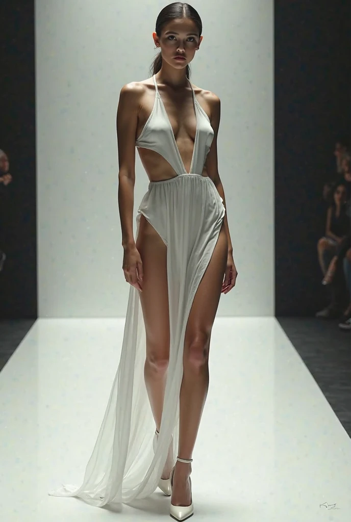(Best quality, 8k, 32k, Masterpiece, UHD:1.2),Photo of Pretty Japanese woman, 1girl, (medium-short dark brown hair), double eyelid, fashion model,1.77meters, beautiful legs, unique maxi very wet silver dress with slit, off-shoulder, gold belt, choker, stand tall, runway, huge stage, Paris Collection, nsfw, full body, see through,,