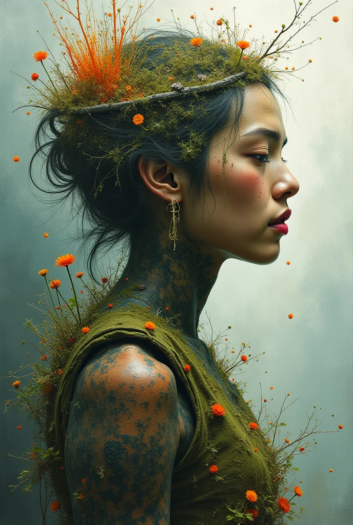 woman in a mythical forest, masterpiece, perfect face, intricate details, horror theme <lora:hanahaki_disease:1> hanahaki disease