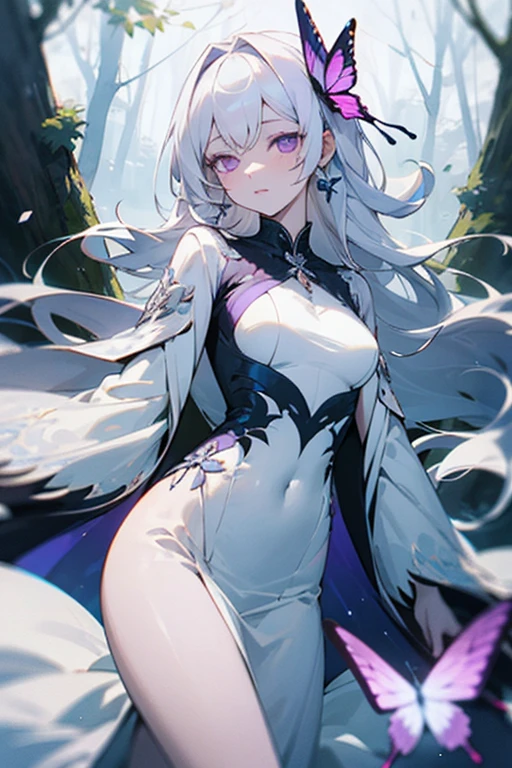 A woman White hair, pink eyes, half body