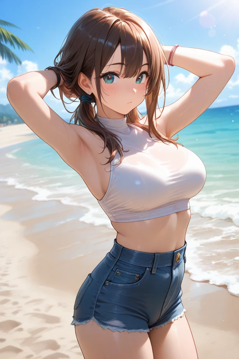 (masutepiece), (Best Quality), hyper detailed illustration，beautiful artwork，(Extreme Detail CG Unity 8K wallpaper、​masterpiece、top-quality)、(exquisite lighting and shadow、highly dramatic picture、cinematic lens effects)、One girl in white shirt and bikini standing beach, black long haired girl wearing shirt， CG Art, anime style 4 k, Seductive Girl, 4k wallpaper, attractive girl, beautiful  Girl, beautiful alluring  Art styles, ，Wake up with water，Wet，(Evil smile)，Brown eyes，Wide blue sky，(Tsurime)，(straggling hair)，Saw，(Wet)，poneyTail，(on the beach)，beach side，(light sparkles)，(light particles)，(strong light coming in)，(Leaning side to side:1.1)，(head tilt)，