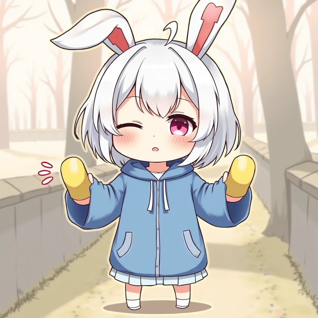 1girl, solo, yuran, yuran_face, yuran_body, yuran_ear, yuran_tail, furry, rabbit ears, rabbit nose, :-<, serafuku, outdoors, <lora:yuranv6-000004:1>