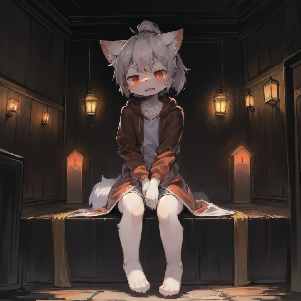 (ambiente dark:0.8),masterpiece,high quality,abstract res,digital painting\(artwork\), by dagasi, yupa,kiyosan,(anthro,fluffy fur,character focus:1.1),anthro male cat,short hair,portrait , eyes with brightness, in a panoramic view, Character focus.(detailedbackground:0.7), 独奏, shaggy, Furry female, female focus, anthr,(Full Body Furry, Fluffy tail, White fur, red color eyes, white color hair:1.2), Long-eared canids，NOWAI，The figure sits on a wooden box with his feet cocked
