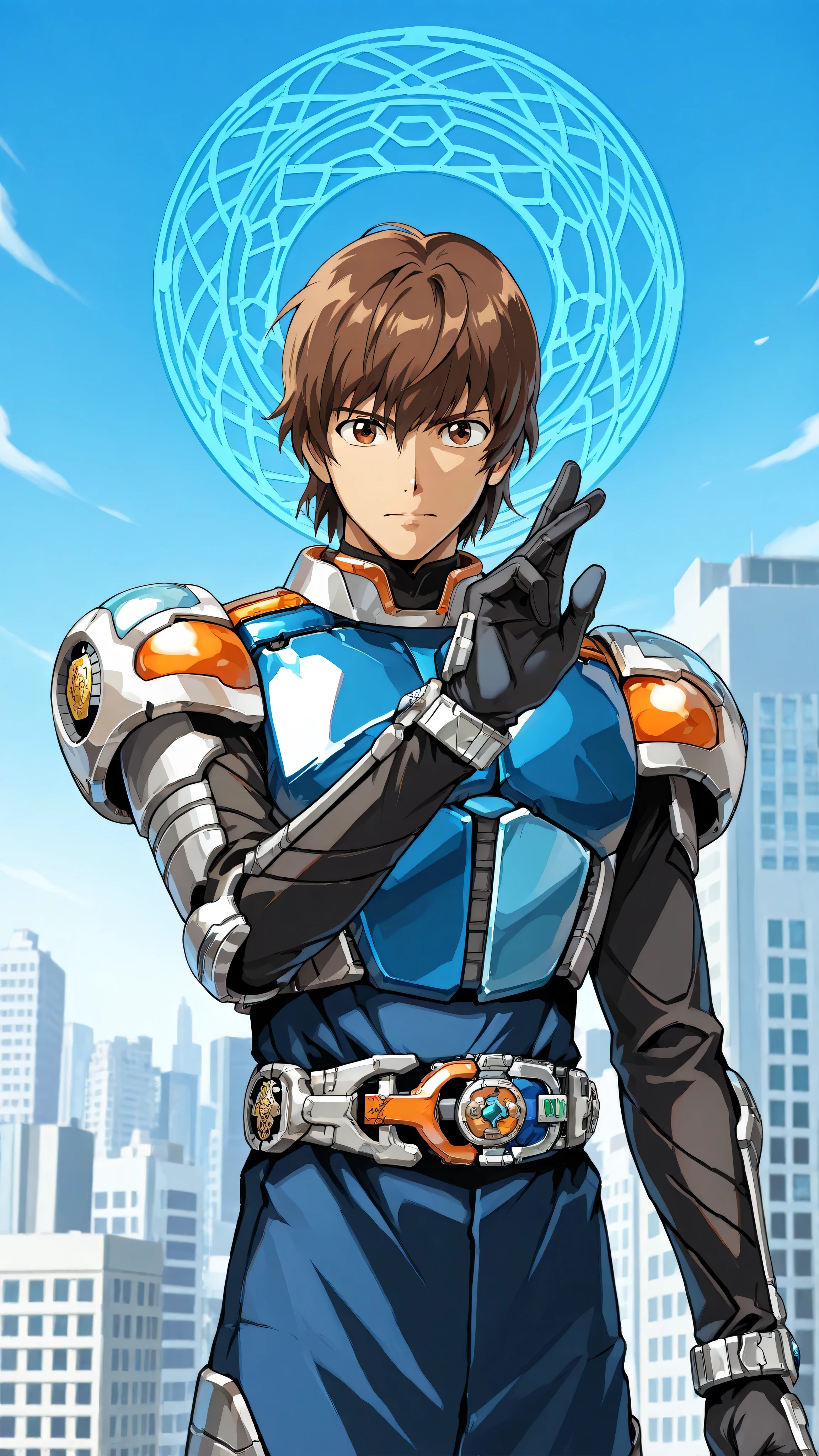 1Man,alone, male focus ,brown hair, Tall Body , Finger Gloves , White and Blue Metal Armor,white belt with orange hexagon buckle,Brown Eyes,will,City Waterfront ,Daytime ,anime style