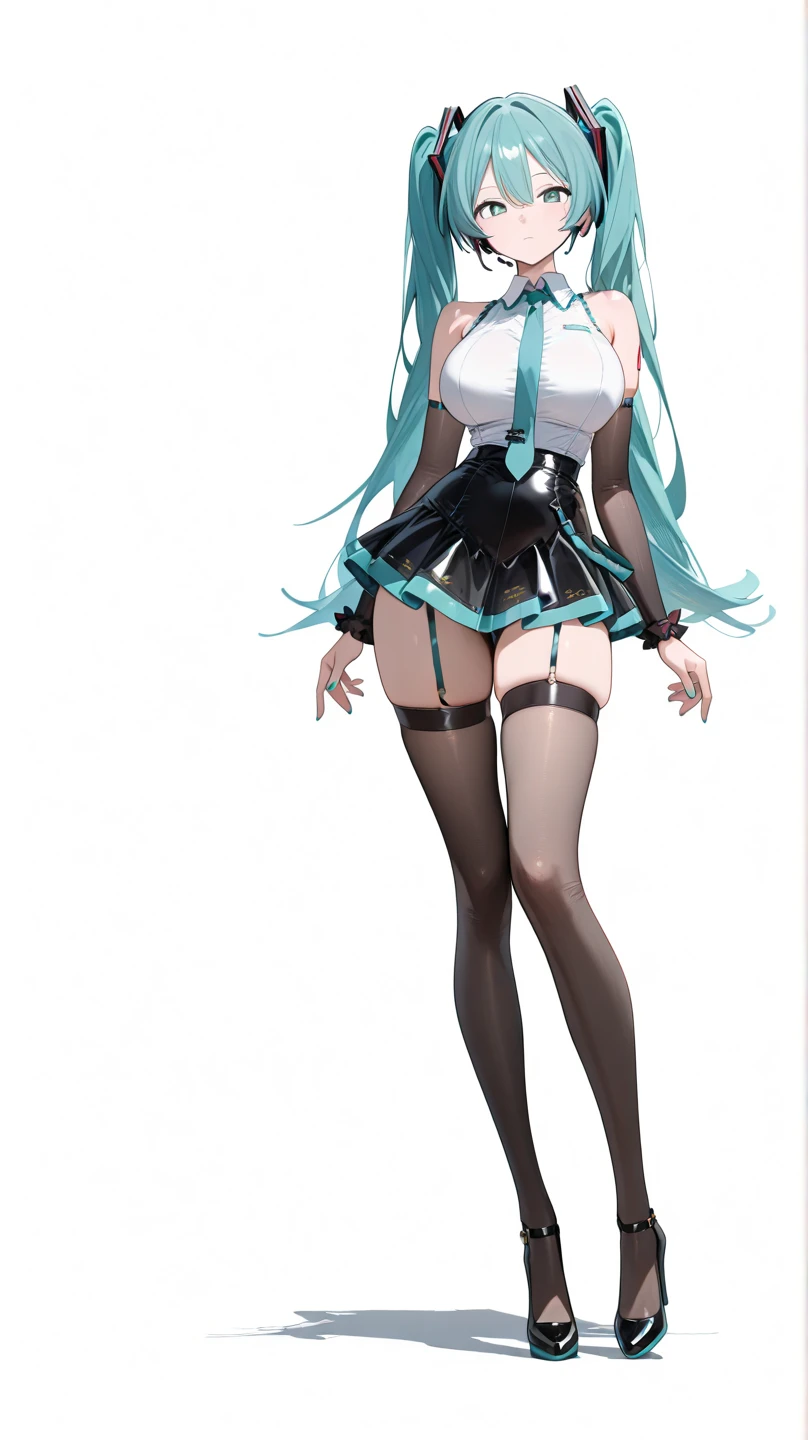 1girl, bunny, solo, animal ears, rabbit ears, high heels, long hair, pantyhose, tail, very long hair, wrist cuffs, rabbit tail, leotard, large breasts, cleavage, necktie, fishnets, fake animal ears, blue background, detached collar, bent over, white hair, white leotard, full body, black necktie, strapless leotard,blanc \(nikke\)