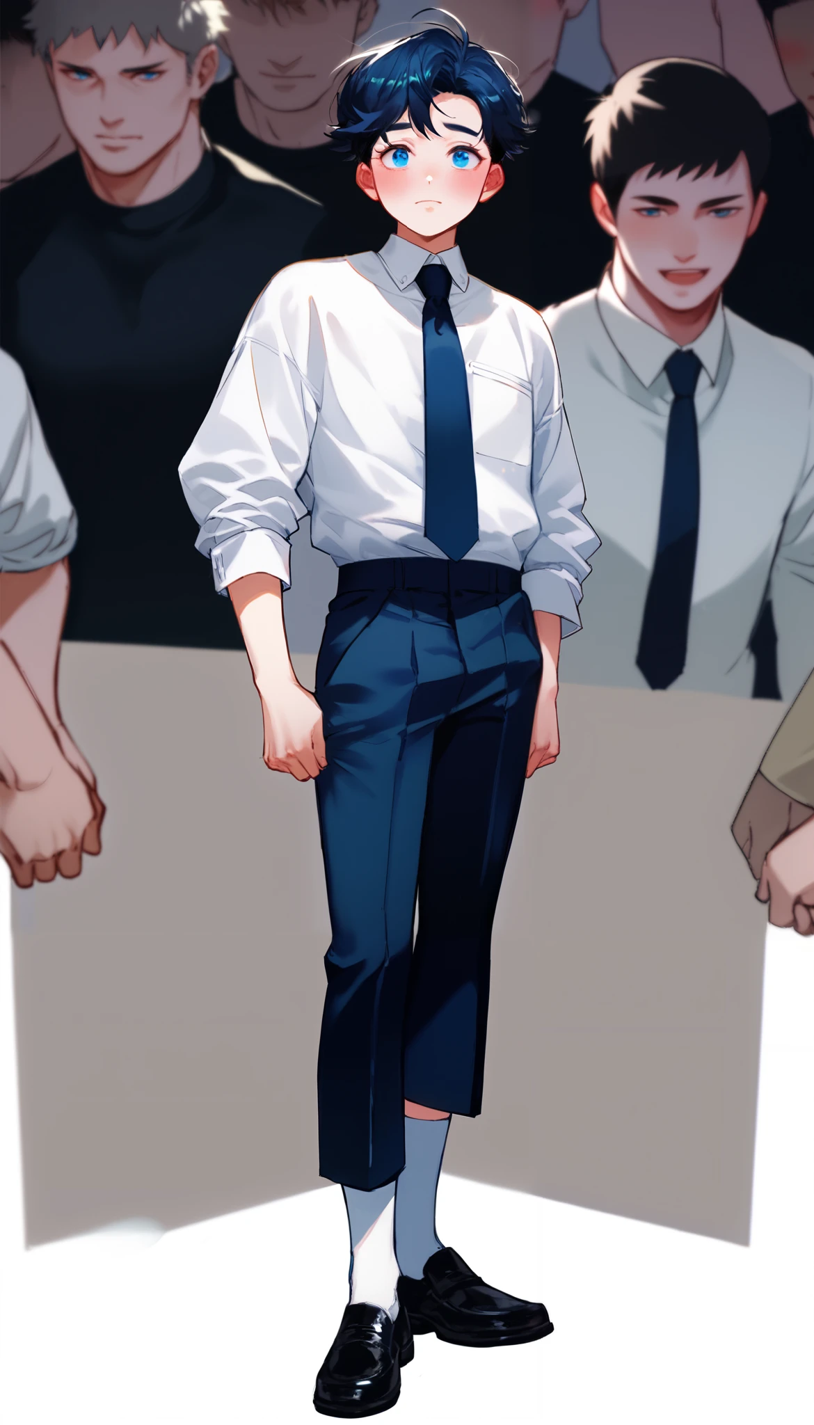 A little age 5 boy, knee-level height, in a white officer shirt, tie, black half pants, white socks, small black shoes, brow short hair, blue eyes, and fair skin. He's standing straight nervously, blushing, and hands in front. Show his full body.