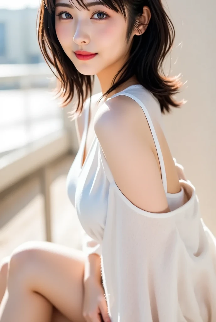 Tabletop, Beautiful woman, (30 years old、Japanese), (Background of a large window with a view of the sea、mechanical、Villa Area、Seaside Mansion、High ceilings), ,(((White tank top、Black spats))), (very short brown hair), (D cup breasts:1.3)、feet, (Skin Texture:1.1), highest quality, 超A high resolution, (Realistic: 1.4), RAW Photos, , Nikon D850 film stock photo, f1.6 Lenses, Rich colors, Realistic, Cinestill 800, Backlight, Rim Light, Studio Lighting, Bright smile:1.3