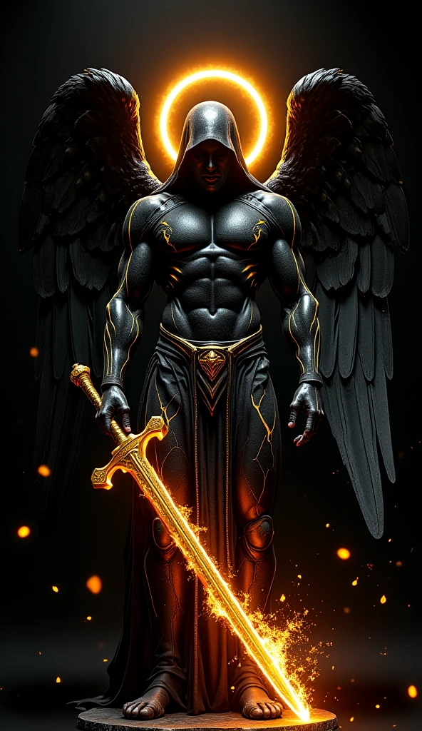Greco-Roman art statue, detailed and finely crafted, with dark details, a backdrop of fire and terror, and a fully high-resolution resolution.