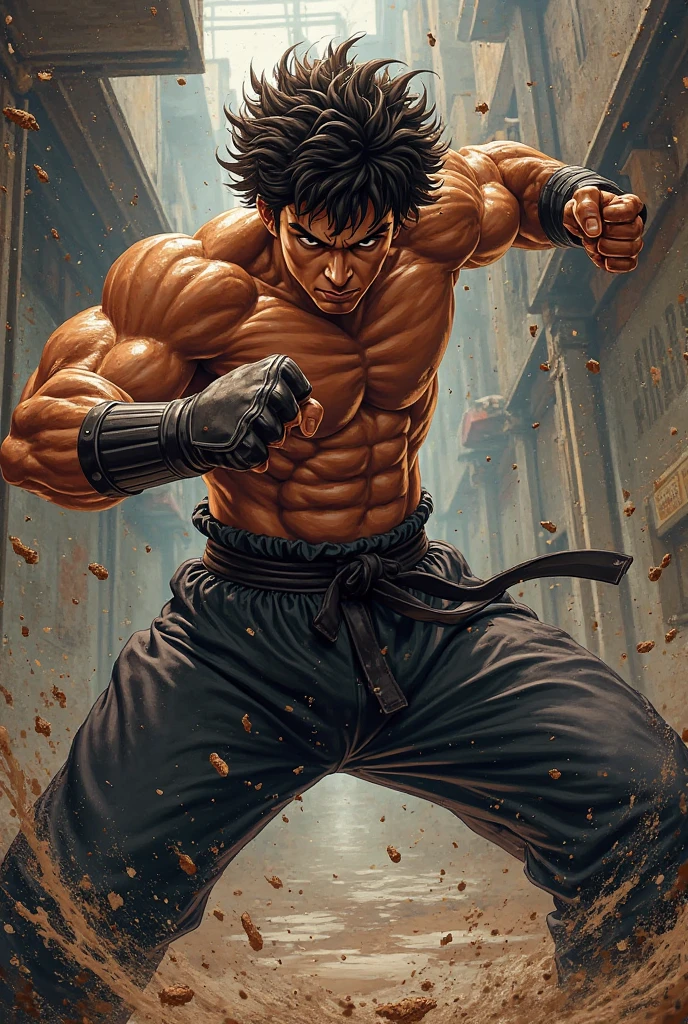 A man with 6 pack toned body with daggers in both hands , screaming powerup scene
Anime type