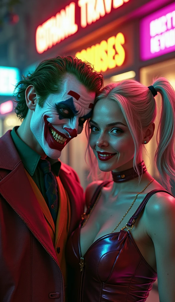 Image haute qualité 16K, photo realistic, seen very close. The man, resembling Heath Ledger as The Joker and a woman resembling Margot Robbie as Harley Quinn stand in a narrow, dark catacomb. their hair is wet, dégoulinant d'eau, tout comme leur visage, où le maquillage emblématique du Joker a commencé à couler. Les lignes noires de ses yeux se sont estompées en traînées sinistres, et son sourire rot sanglant semble déformé, ajoutant à l'horreur de son apparence. L'expression de son visage est effrayante, avec un sourire moqueur qui dégage une menace palpable. Her eyes, almost crazy, sparkle with a malevolent glow, rendant son regard terrifiant. Water drops slowly fall from the low, vaulted ceiling, giving the scene an even more oppressive and claustrophobic atmosphere. The ceiling is so low that his head almost seems to touch the vault.. He holds a flickering candle in his hand, the faint flickering light partially illuminating his face twisted into a cruel smile, while the rest of the catacomb remains plunged into darkness. La lueur de la bougie accentue les ombres sur son visage, créant des contrastes inquiétants qui amplifient la sensation de peur. The background is almost completely black, plongeant le reste de l'espace dans une obscurité insondable, as if evil emanated from this darkness. La combinaison de l'humidité étouffante, des murs suintants, and the man's terrifying expression creates a scene of pure terror, où le danger semble tangible, and the possibility of escaping this horror is non-existent. Harley Quinn se tiens très proche du joker, Her face is made up in white, rappelant le style d'un clown, avec des traits accentués des yeux soulignés de noir épais et un rot à lèvres vif, rot . She has a mischievous look, malicieux, un sourire en coin. has a small black heart drawn on the cheekbone. blond hair styled with two blue and pink pigtails.