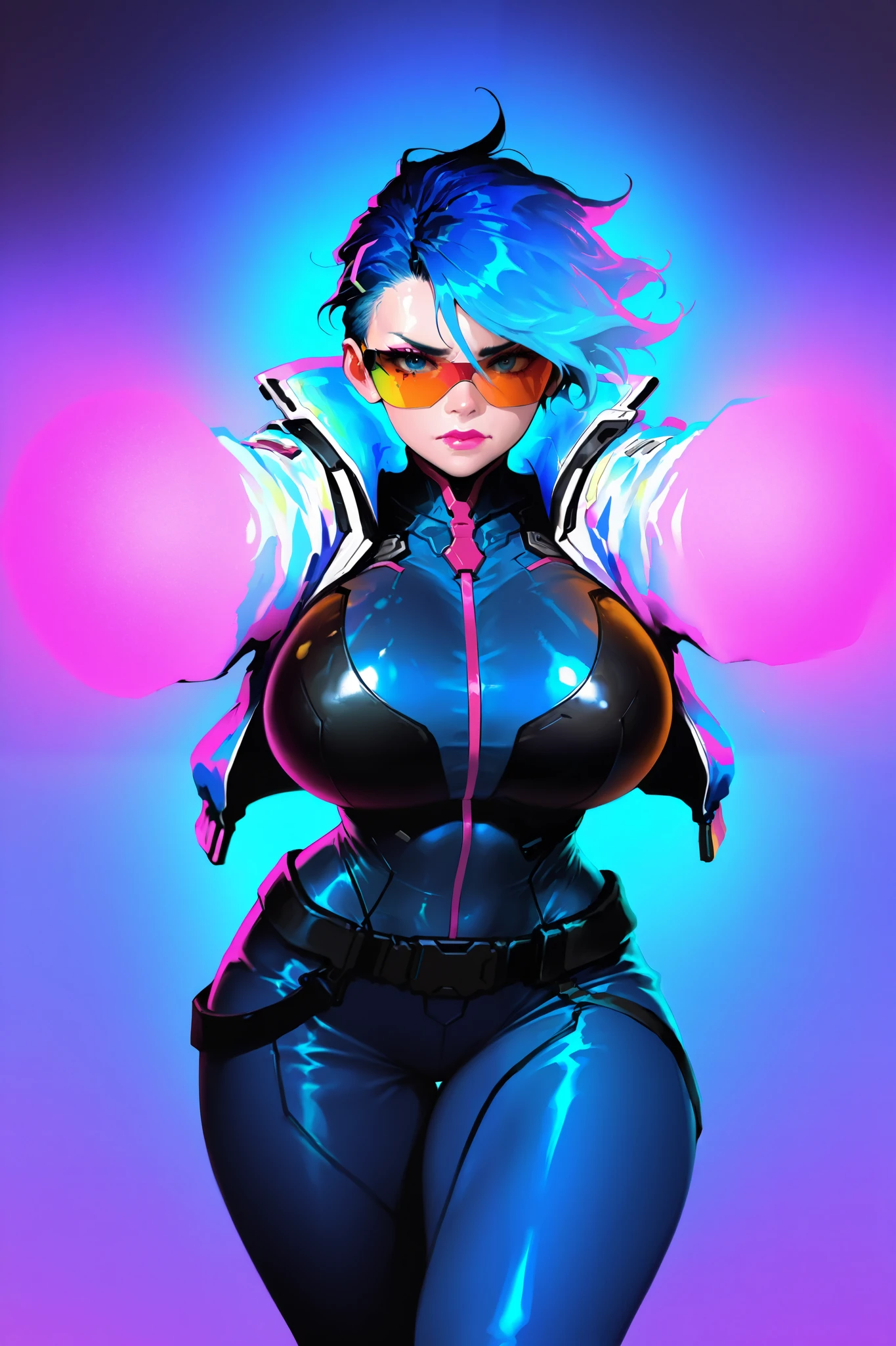 HDR, 8K, high contrast, masterpiece, best quality, amazing quality, very aesthetic,realistic, newest, lizparf, digital art, digital painting, brush texture, brush stroke, bright colors, grain filter, vivid colors
BREAK
masterpiece , best quality , absurdres , highres , 1girl, cyberpunk clothes, multicolored clothes, jacket, sunglasses, blue hair, pants, curvy, huge breasts, narrow waist, wide hips, thick thighs, fighting stance, nervous, looking at viewer, simple colorful background, dynamic pose, cowboy shot, warm color palette, epic lighting, cinematic lighting