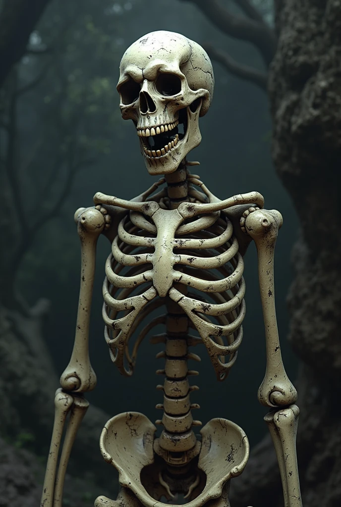 a skeleton showing the middle finger in the jungle