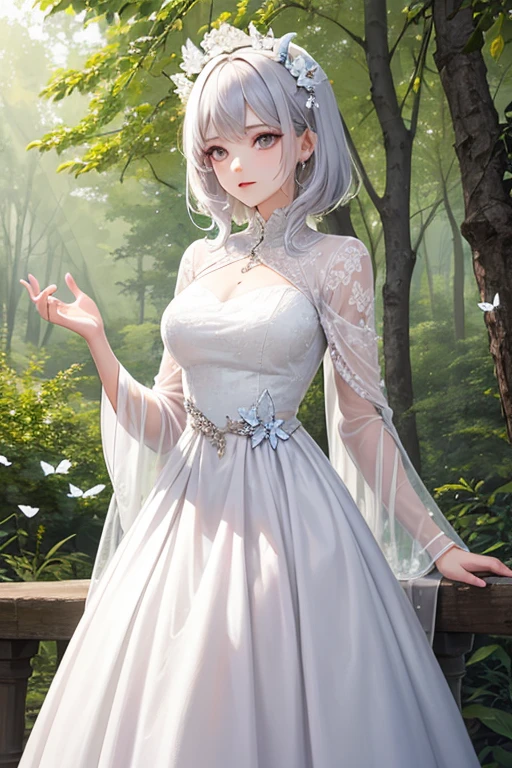 "Create a digital anime style illustration of a beautiful forest goddess。, Short White Hair. She wears a detailed white dress decorated with leaf and floral patterns.., Perfect for a fantasy theme. The dress design is active., Cover with additional fabrics and natural elements such as leaves and vines. Characters should have an elegant and mature appearance, like fairies., Look around 2, A calm look with expressive eyes. There is a rich background, A mysterious forest woven with soft light and shining plants, Enhance the mystical atmosphere."