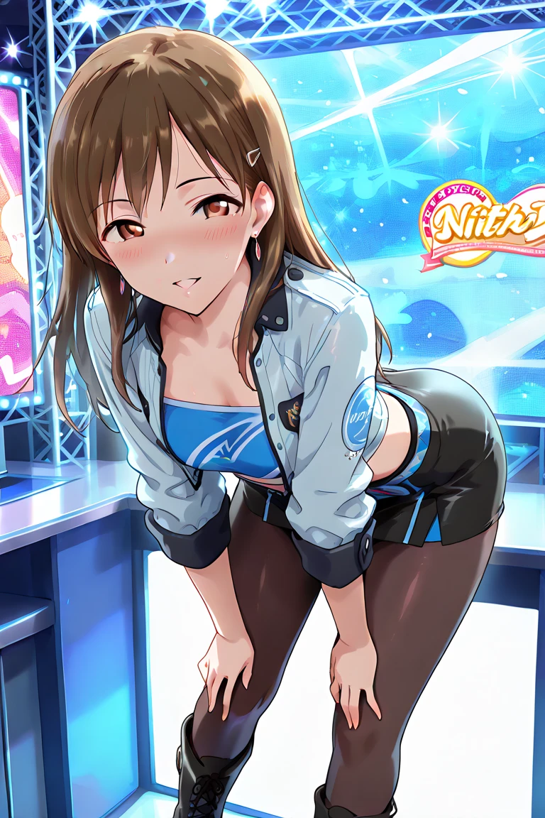 Brown long-haired。Brown eyes。Cybercore。Ass shot。Smirking。Wearing gaming headset。 Wearing blue and white。 sexy horny