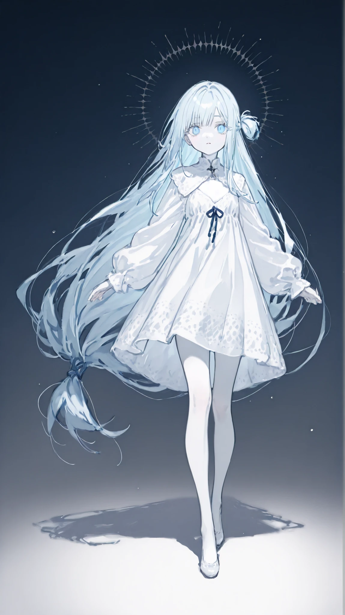 masterpiece、completely complete、super quality、best quality、 mysterious 、no expression、cool、 beauty、delicate、very long hair、hanging eye、sharp eyed、straight hair、long hair、anime style、((light blue hair tied at the top:1.5))、(( Dark Blue Eyes :1.5))、bungs 、pure white skin、Original Characters、intricate design、Unique Design、long eyelashes、full body drawing、 request 、Possible Adoption、full body、background、((White background:1.5))、full body、pure white skin、solid background、background-free、characters only、 dull colors 、 tattered clothes、Undead、bandage。