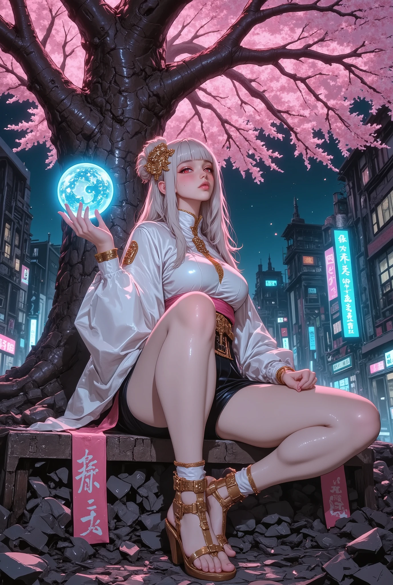 1girl ,sakuya hime,cowboy shot,Large cherry blossom trees 、kimono。skirt。Black shorts in a skirt. golden hair ornament 。cyberpunk。sandals。perfect anatomy。Woman sitting on a rubble chair。sit cross-legged。A blue magic sphere of light floats on my hand。The magic of regeneration、Magical Brilliance。 ruins at night、。active angle。low angle。blue magic sphere。Contrast between the magic glow and the dimness of the night、
anime.XUER guangying.heroine、(masterpiece, detailed:1.2)、red eyes,G0thicL1nes、