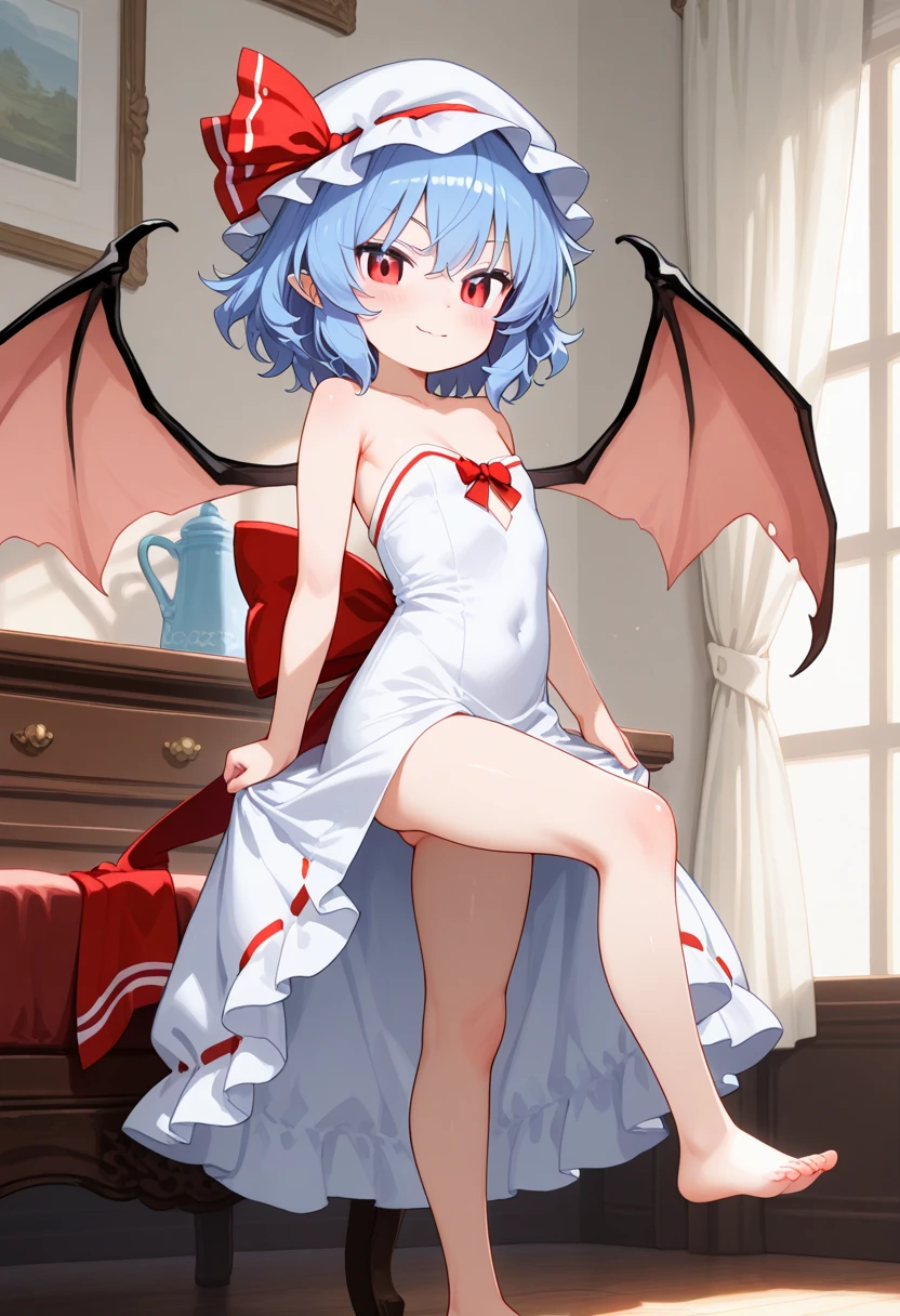 (Remilia toho character), (solo:1.2), (standing on the deck of mansion:1.1), a full moon, midnight, BREAK, short hair, collarbone, (emphasize very perky large breasts:1.1), (emphasize cleavage:1.2), (inconceivably thin narrow waist:1.3), (very short thin torso:1.2), very long (thin legs), emphasize thigh gap, BREAK, (very short sheer white dress), (inconceivably wiry narrow brown corset cinches waist too tight:1.5), frilled (too short white miniskirt), (light blue thighhighs), BREAK, nose blush