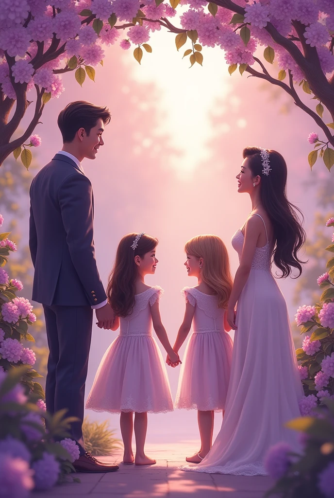 A blonde Asian woman marrying a black haired Asian woman. Two 10 year old identical twin girls
