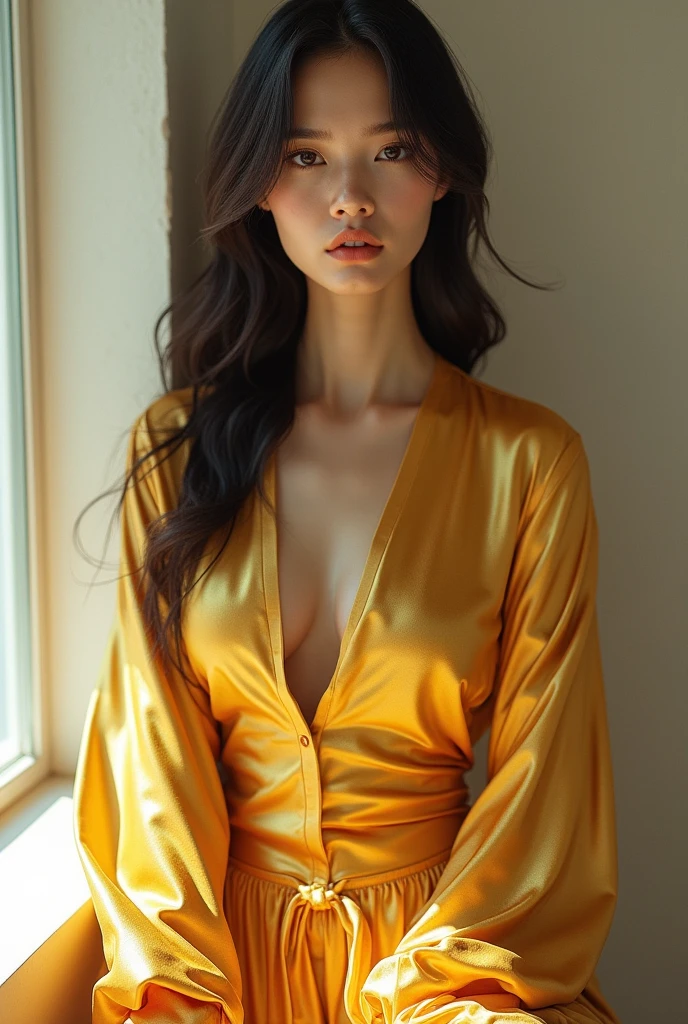 ((masterpiece)), (best quality),(detailed),Girl wearing yellow battle robe,black