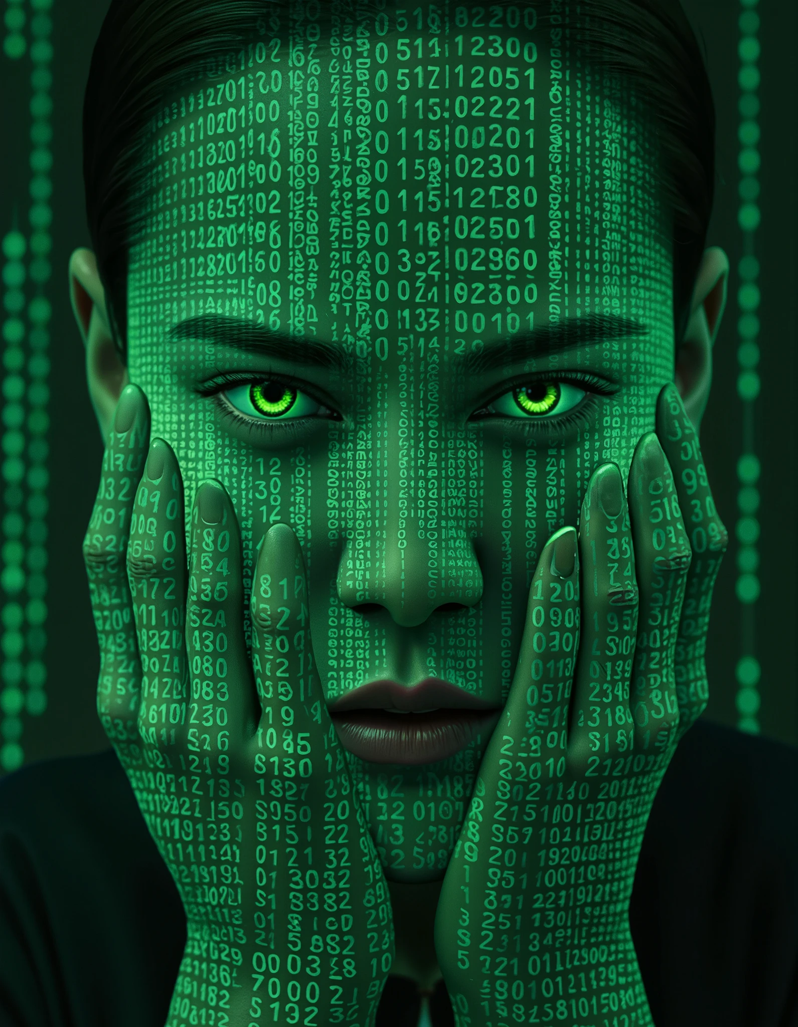 Woman Face with bangs and hands made of numbers, like from the movie "The Matrix" Everything is digital numbers from green light and black color vibrant