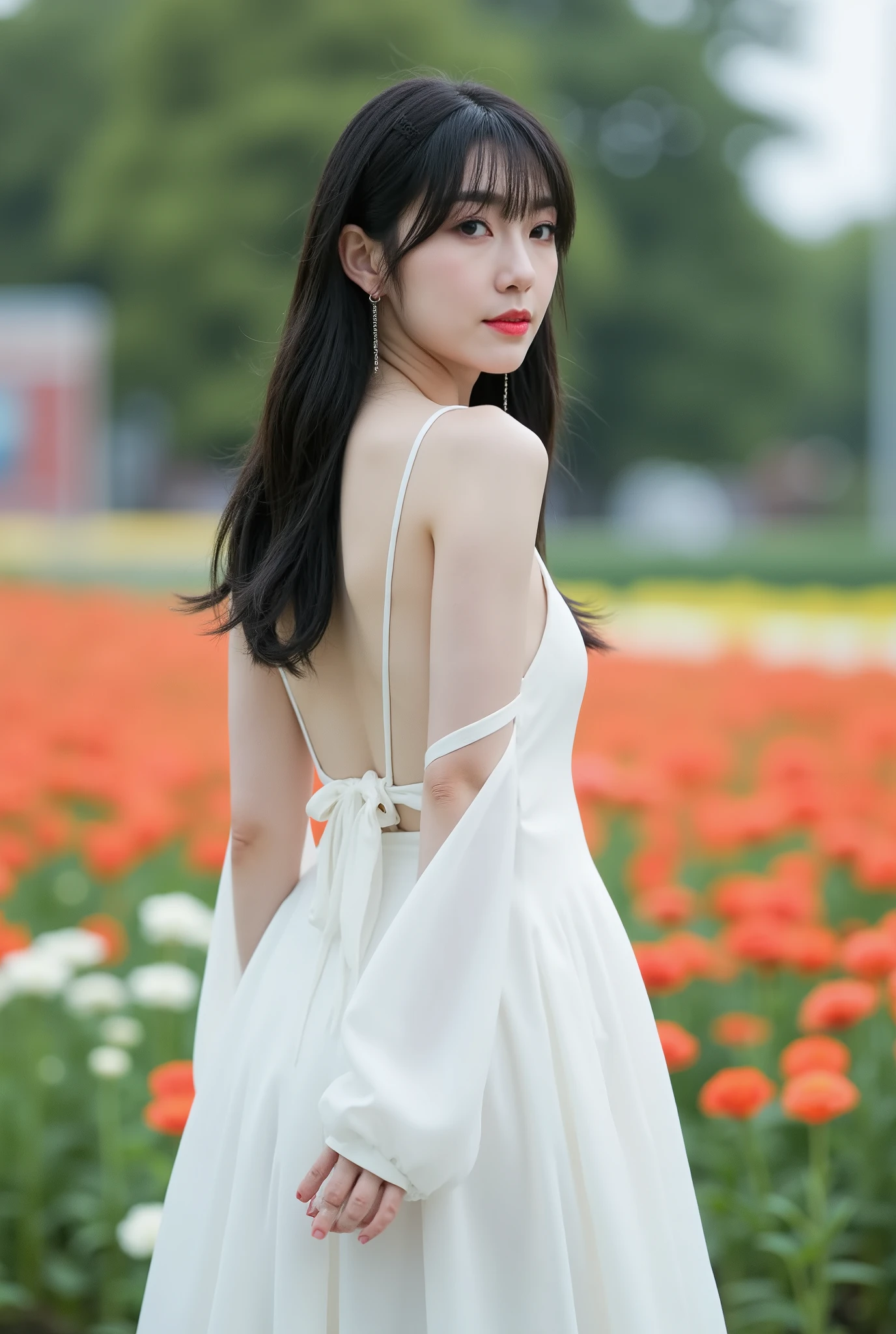 Create a stunning portrait of a beautiful Japanese actress with porcelain skin and tousled, long black hair. She is wearing a flowing pure white dress, standing in a vibrant flower garden with a radiant smile. The scene is illuminated with cinematic lighting, enhancing the ethereal quality of the moment.