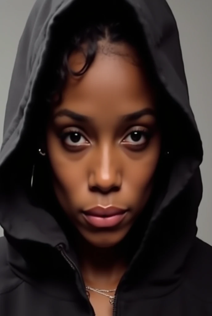 adult african american woman,
redhead, fade cut hair
house coat
smeared makeup
aghast, eyes wide, eyebrows up, mouth open in disgust
jail, jail cell