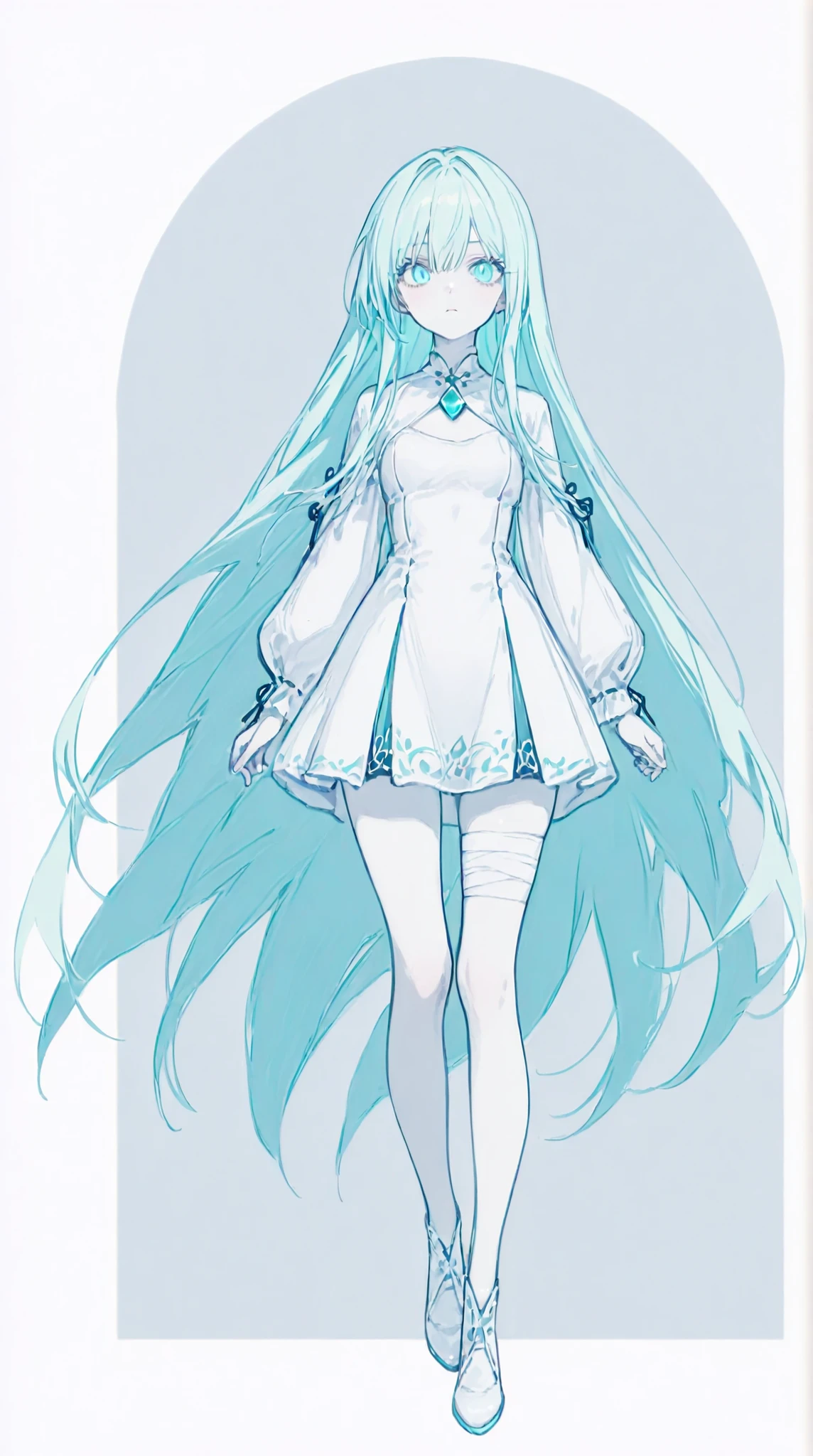 masterpiece、completely complete、super quality、best quality、 mysterious 、no expression、cool、 beauty、delicate、very long hair、hanging eye、sharp eyed、straight hair、long hair、anime style、(( aqua blue hair :1.5))、((Aqua blue eyes:1.5))、bungs、pure white skin、Original Characters、intricate design、Unique Design、long eyelashes、full bodyの描画、request、Possible Adoption、full body、background、((白いbackground:1.5))、full body、pure white skin、background無地、backgroundなし、characters only、 dull colors 、 tattered clothes、Undead、bandage。