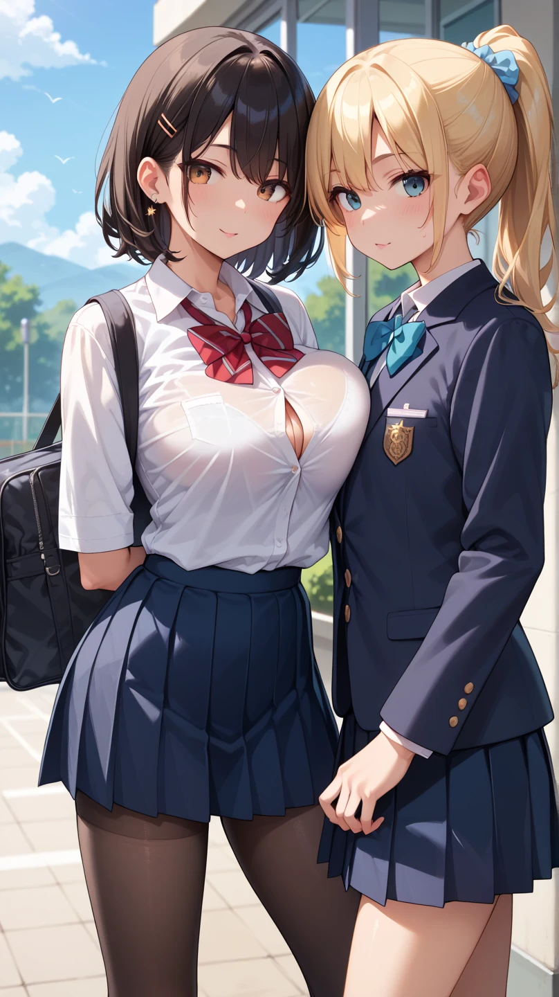 Anime Moe Art Style,Highest quality,High resolution,Anatomically correct,Multiple Girls,Mid-teens,Mr.々Hair style,Super detailed,Big Breasts,Shiny skin,Beautiful Skin,A rich expression,A big smile,high school girl,Nipples are visible,classroom,blazer,mini skirt,Show off your chest,Naked upper body,Sexy pose,Eyes drawn in detail,8K