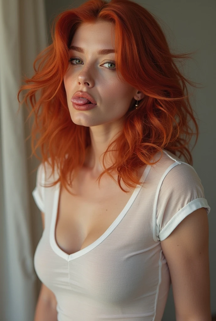Portrait of a beautiful orange haired dark tanned woman in a cute ice-blue open shirt, cleavage, medium breasts, (highdetailskin:1.2), 8K UHD, Digital SLR, Soft lighting, High quality, filmgrain, Fujifilm XT3, perfect figure beautiful woman:1.4, Slim abs:1.1, ((wavy orange messy hair)), RAW photo.