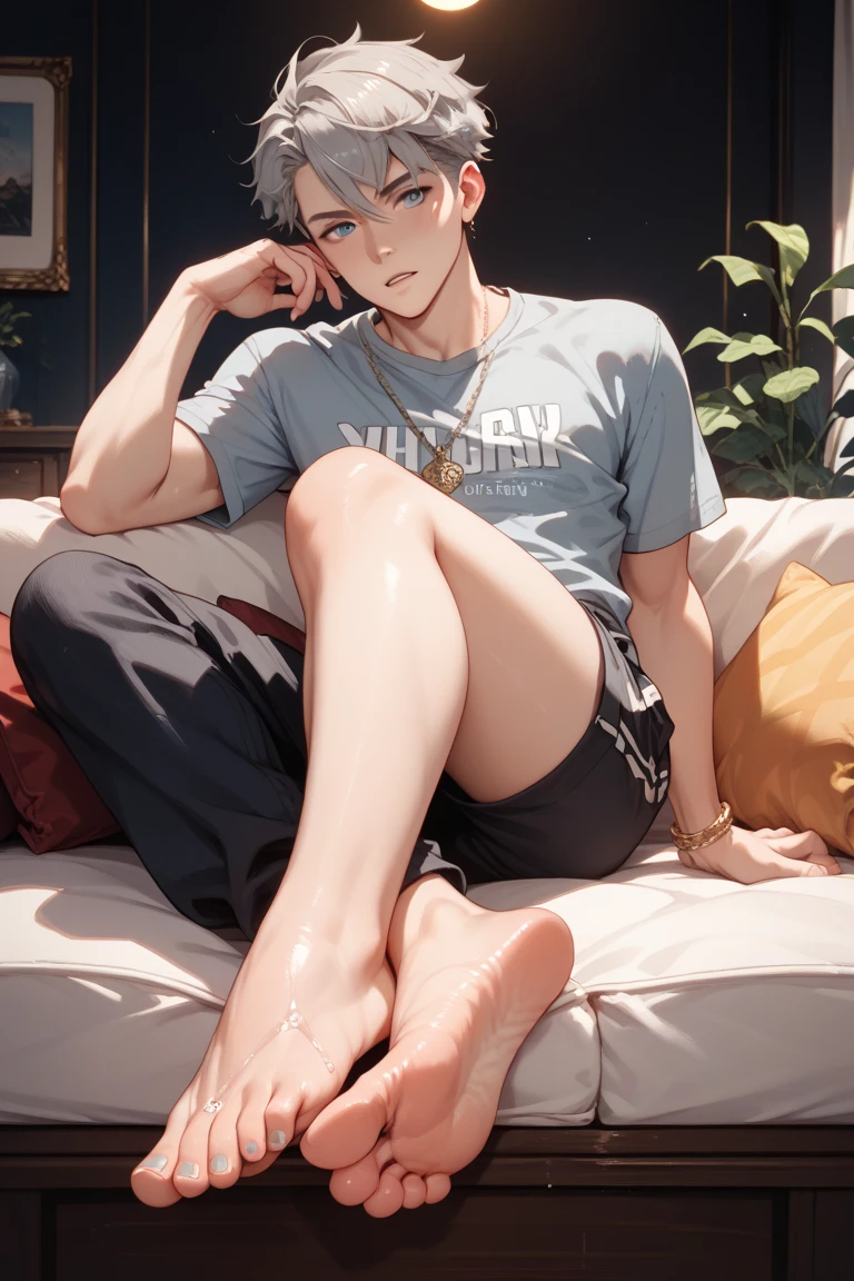 Surreal style, 1 male, shorts, spreading legs, red face, crying, looking at the audience, wearing white socks, blonde, blue eyes
