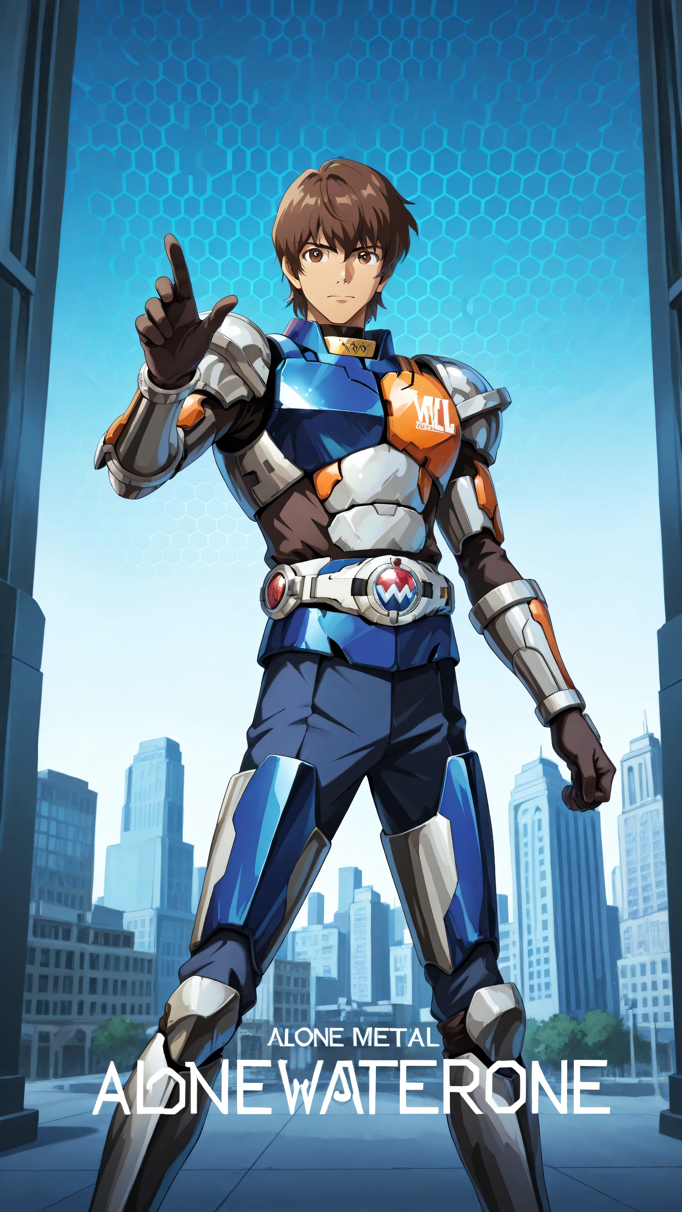 1Man，alone，  male focus ，brown hair， Tall Body ， Finger Gloves  ， White and Blue Metal Armor，white belt with orange hexagon buckle，Brown Eyes，will，City Waterfront ，Daytime ，anime style