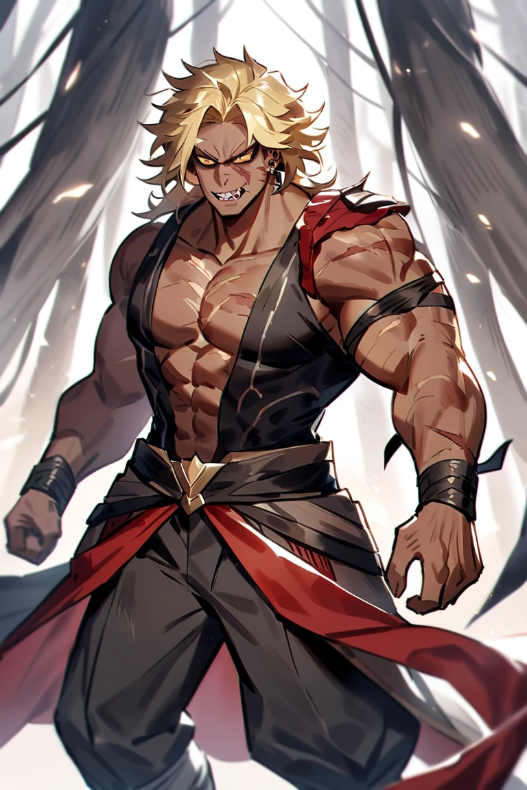 Berserkerman. Blonde Hair. Very long hair. Beautiful Hair. Dark Skin. Draconic. Himbo. prince. Big horn.Buffalo horns.Open your mouth.Sharp fangs.scale. smile.Red eyes