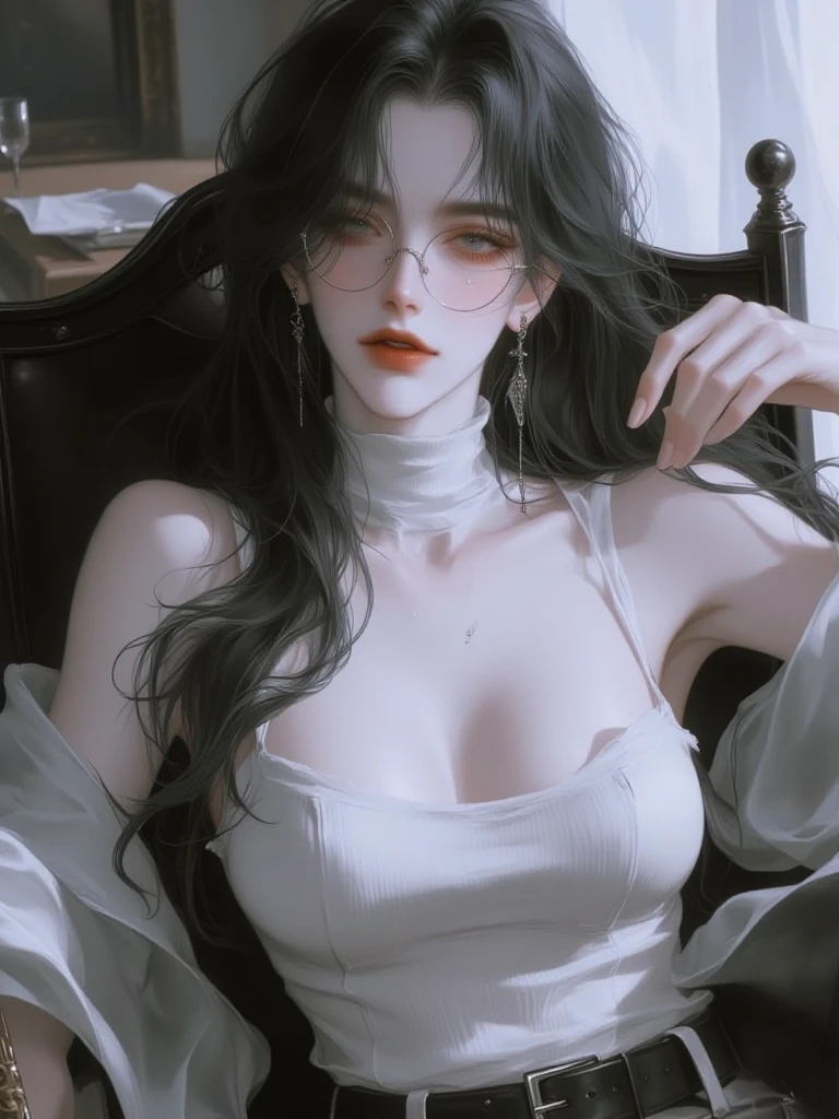 ((highest quality)),(ultra high resolution),(Super detailed),(detailed description),((best CG)),(best work of art),super precision art,great drawing art,(Art with precise details:1.5), Portrait:1.6,bust shot:1.4,1 woman,beautiful and well-shaped face:1.5、 Japanese、girl,Slender、mole on chest、(black bra:1.4)、small face、brown eyes、tall、 highres,black hair、long hair、straight hair、classroom、17 years old、(standing facing left:1.2)、(black skirt:1.4)、I'm holding my chest close to my chest