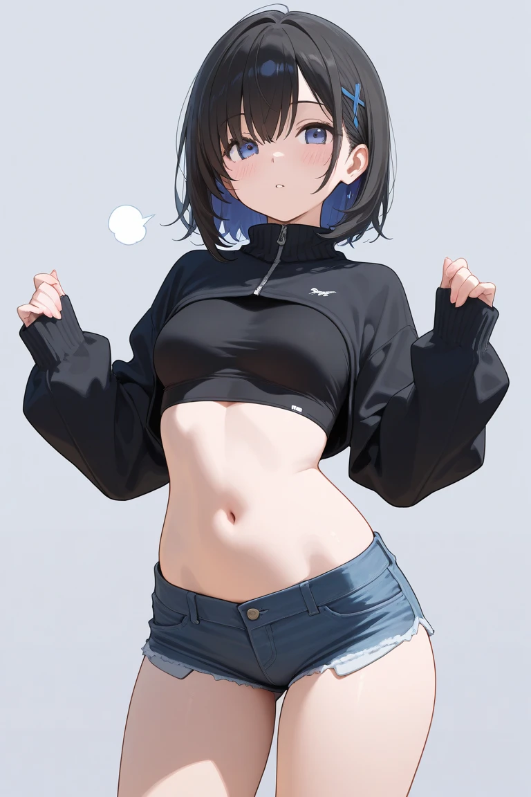 Girl, short curly black hair, long-sleeved black and white striped T-shirt, exposed stomach, blue underpants, big breasts, shaking her butt, blue underpants, cool features, black and white striped wide short T-shirt, light blue underpants