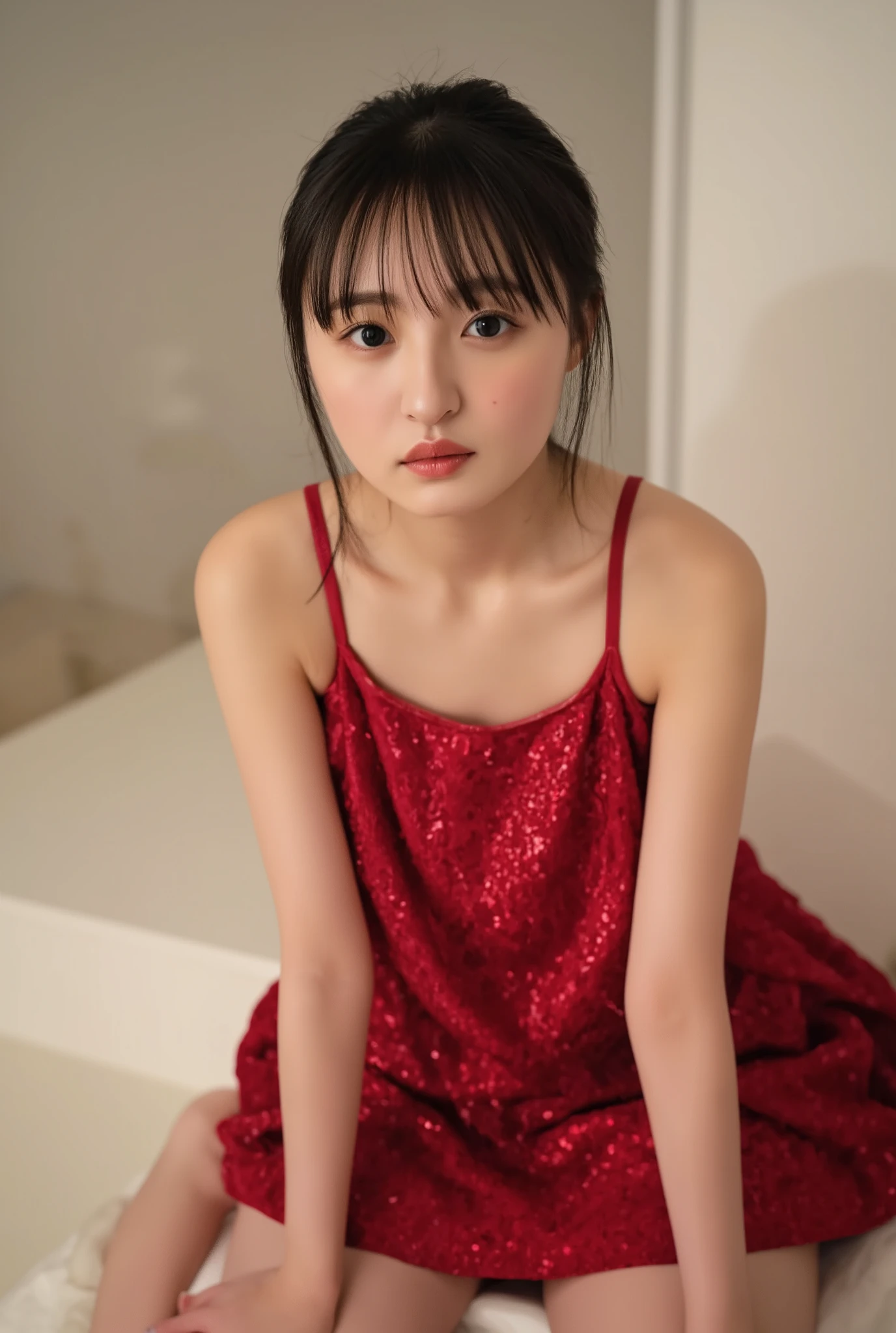 1 girl,( Wear a red glitter mini dress:1.2),( RAW photo , Best Quality ), ( realistic, photo- realistic:1.4), masterpiece, Very Delicate and Beautiful, Very Well Detailed, 2k wallpaper, Take off your thong, wonderful, detailed description , Very Well Detailed CG unity 8k wallpaper, ultra detail, high resolution , Soft light, beautiful girl with attention to detail , Very Well Detailed eyes and face, beautiful detailed nose, Beautiful eyes in every detail , Cinematic Lighting , night view, slender body,( Natural Big Breasts ), big in okunai :1.5, full body:1.8,attractive thighs: 1 ,5