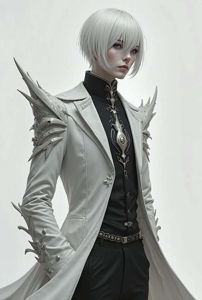 (8k,shipmentsrrealista shipments Maximum quality;1.4) (1 young boy) Super handsome king of the underworld (lifelike face) (short hair white hair ) slenderbody Hairy and macho muscular man Black and white aristocratic costume with big white eyes white decoration Fangs peeking out of the mouth Pointed claws a seductive gaze Beautiful expression A hyper-realistic (King of the Underworld) appealing (real looking skin) super high resolution high détail Black and white luxury pants White aura emanating from the body effect White coat