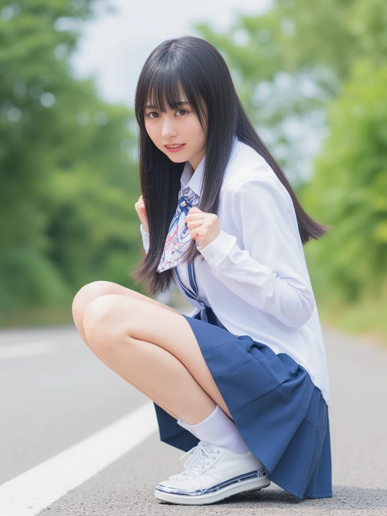 (Best Quality, 8K, 32K, Masterpiece, Ultra HD: 1.4), (K-Pop Idol: 1.2), 1 Girl, (Big: 1.2), (Long Hair), Perfect Figure, Delicate Lips, Beautiful Double Eyelid Masterpiece, Best Quality, Best Quality, Real, Unity, 8k Wallpaper, Official Art, Highly Detailed CG Unity 8k Wallpaper, (Original: 1.2), (Real: 1.4), Ultra Detailed, High Definition, Ultra Detail, Wonderful, Fine Details, Cinematic Lighting, (1girl:1.4), (Brown|Black Hair:1.4), Medium Hair, (Realistic Skin:1.2), (Light Brown Skin:1.2),(Small), Beautiful Girl Beautiful Details, Highly Detailed Eyes and Face, Eyes with Beautiful Details, Huge File Size, Super Detailed and Beautiful, Beautiful Woman, Beautiful Skin, 18 Years Old, Big Double Eyelids, Delicate eyes, short sleeved white blouse, purple bow tie, dark blue pleated skirt, on the road, squatting, looking at the front, white underwear, smile, drooping eyes, big eyes, big eyes, white socks, white athletic shoes, black backpack, clear double eyelids, bangs, round chin, chubby, smile, open crotch, spread legs from side to side