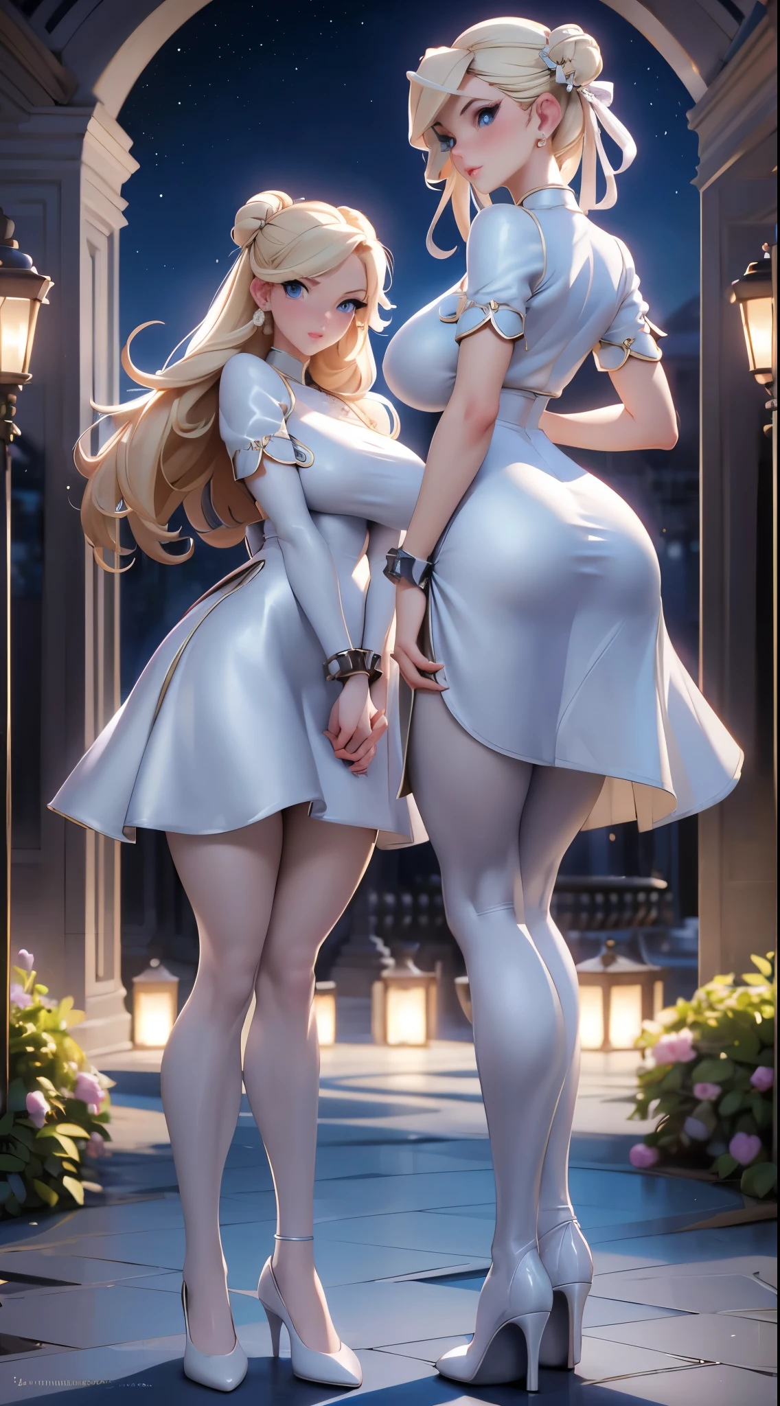 An extremely beautiful stunning busty woman, with gold blonde long silky hair, big blue eyes, extremely super bright snow white fair stunning flawless glowing lush shiny flawless white skin, a perfect tight hourglass figure, and a skinny waist, sexy thick smooth luscious legs and thighs, extremely cute smile on the face, bright pink blushes on cheeks, wearing a short sexy tight revealing white floral dress along with a pink sash around the waist and a brown off-shoulder sweater, yellow heels, gold necklace on the neck, gold anklets on feet, gold chain on the waist, standing straight, holding a red roses bouquet, street in the background, show full body from head to feet.
