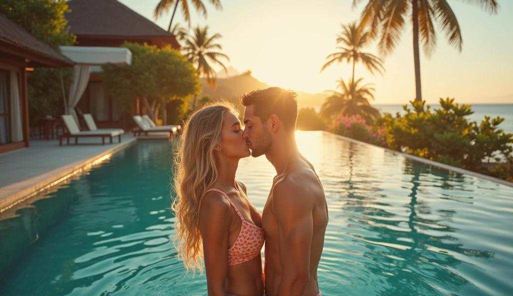 A beautiful woman in a bikini has a guy kissing her.