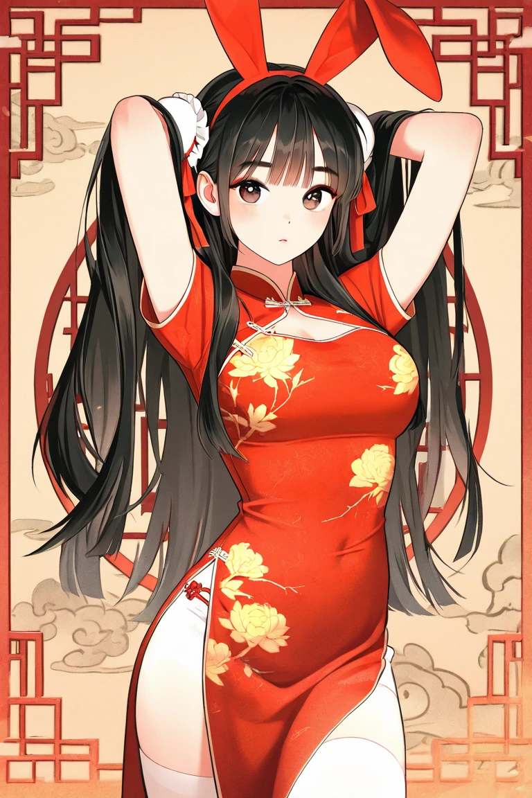 highest quality, masterpiece, high resolution, one girl, China dress, beautiful face, long hair, black hair. Soft.red eyeshadow、Meat Bun、Background of Chinese restaurant