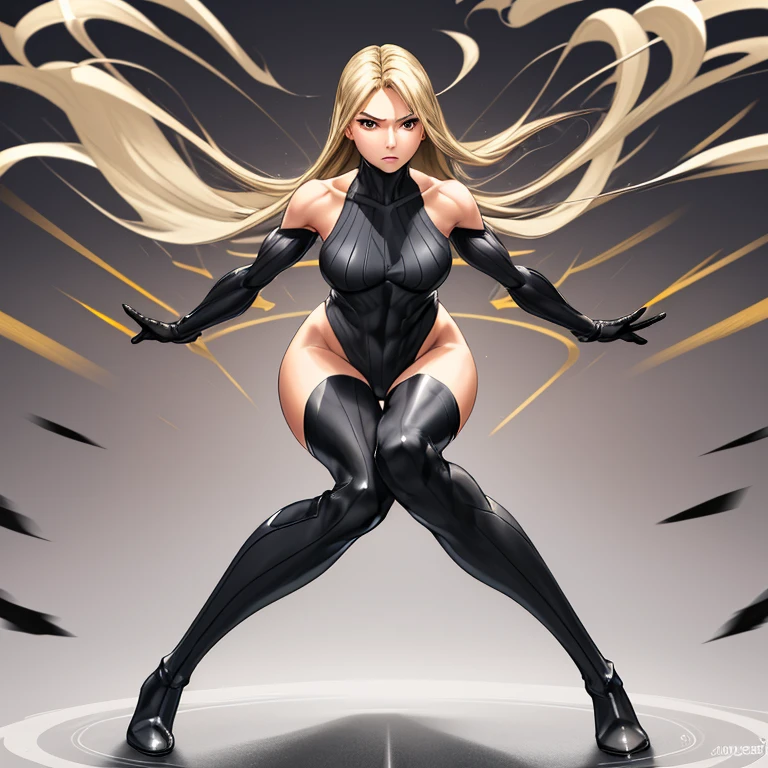 masterpiece, best quality, agrias, grey sweater, black leotard, twirling, blonde hair, superhero, boots, tornado, whirlwind, solo, bare legs