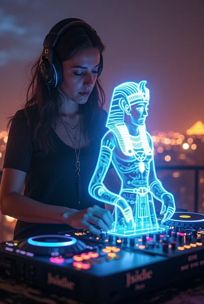 an acient egyption pharaoh queen  body paint, dancing under a black light. blacklight neon Trippy Psytrance Blacklight UV showcasing her dj skills on a sandy sandstock dj decks in a hardstyle sandstorm