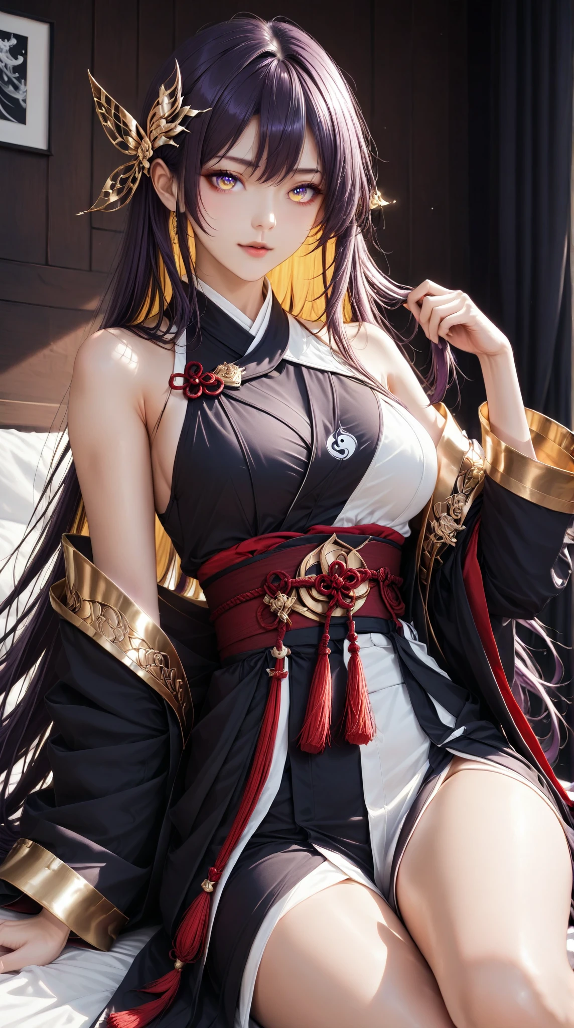 1girl, Aeonis Aaira, long straight dark purple hair, inner bright golden hair, bright gradient eyes, aesthetic toned body, sitting in a room on bed wearing yin yang robes, masterpiece, aesthetic, Super Detailed, UHD, 8k