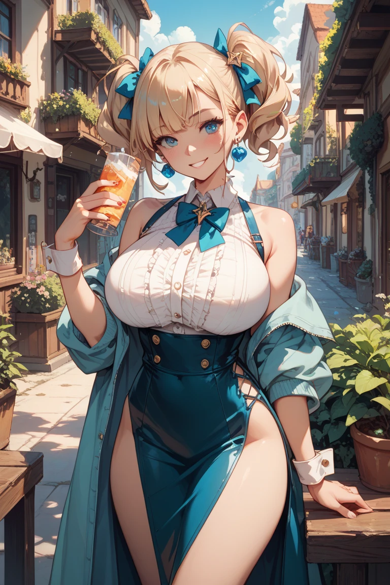 8k resolution, best quality, extremely HDR, masterpiece, perfect ???????, intricate details, 1girl, , anime girl 18 years old, (((triple D cup breasts)))honeyed honeyed skin, round head, blonde hair, short hair, bright blue eyes, thick eyebrows, full glossy lips, moles, rosy cheeks, snub nose, tomboy, intelligent, rich, happy, toned, thicc, , thick thighs, choker, overalls, shorts, white thigh socks, backpack, cowboy shot, if front of stage lights, posing