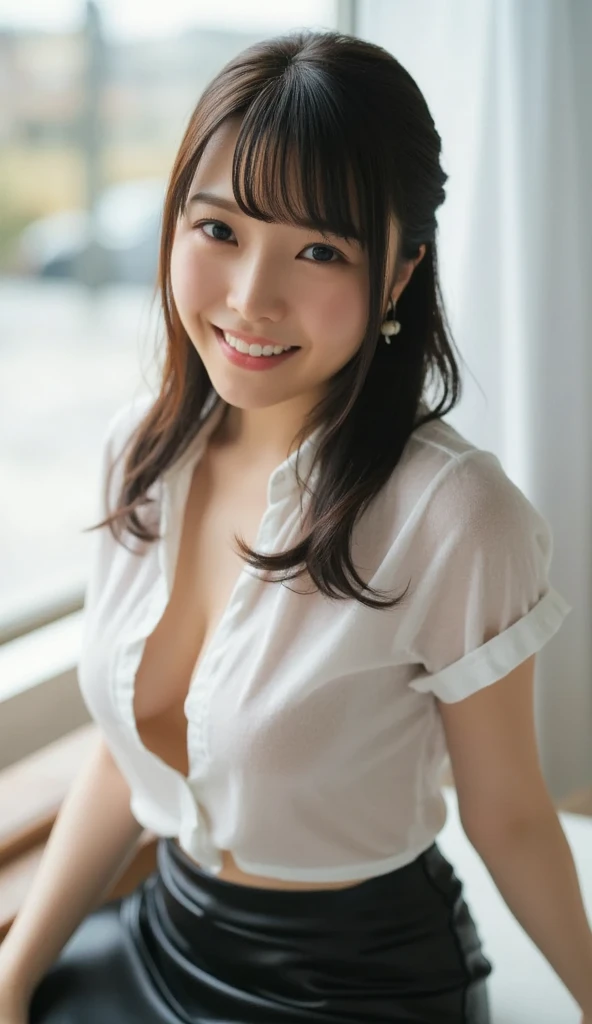 Browsing Caution、highest quality、8k、No makeup、masterpiece、クリアなphotograph、Ultra-high resolution、Realistic、Professional Lighting、Natural light、photograph、smile、Ultra slim、Delicate body、Very cute girl、The cutest Erina Mano、Idle class、whiteい肌、(Small breasts、Flat Chest、Leaning forward、Her cleavage is visible)、(whiteTWear a shirt:1.8)