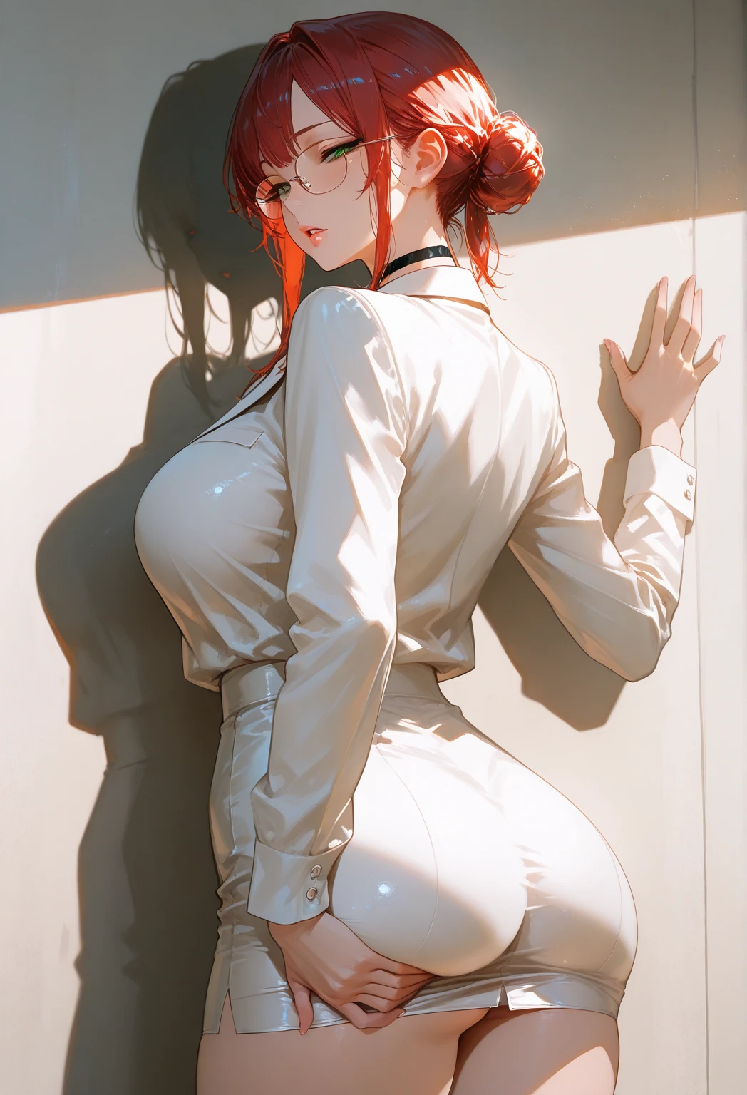 Woman 30 years (Peta Jensen pov), short red hair, nurse nurse, tight white clothing, unbuttoned blouse, no buttons, no bra, no bra, medium breasts, wet and soft, facing the window, face looking at the window, arms and hands resting on the leg, close-up, penetrating and sensual look, fiery and lascivious wanting more,  slightly wide hips, ass showing, , very short dress leaving her ass exposed, out