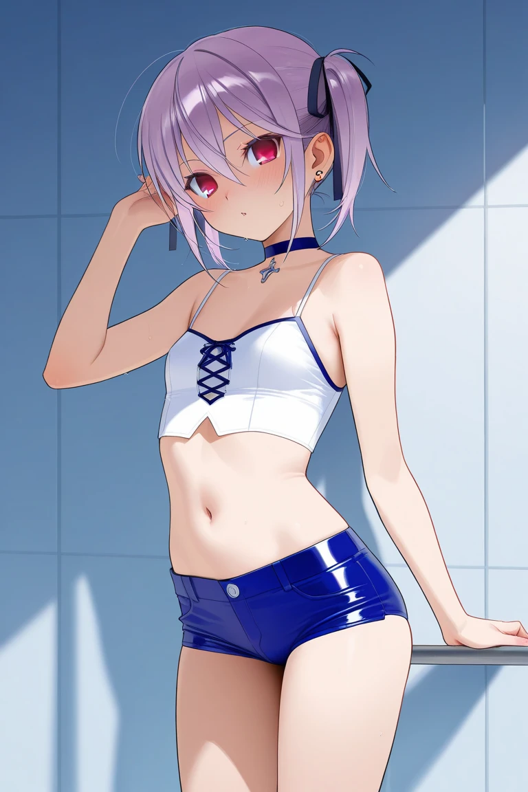 Solo、((top-quality、8K、masterpiece:1.3))、foco nítido:1.2、Beautiful woman with perfect body shape:1.4、Beautiful face、beautiful countenance、White hair、Purple eyes、(Pixie Bob)、A slender 、small tits、The navel is visible、(abdominals:1.2、A sexy、shortpants:1.5、lowrise:1.3),turtle neck、Sleeveless 、Highly detailed facial and skin texture、A detailed eye、二重まぶた、White Thigh Socks:1.3、(Tanned skin:1.3),(groin)